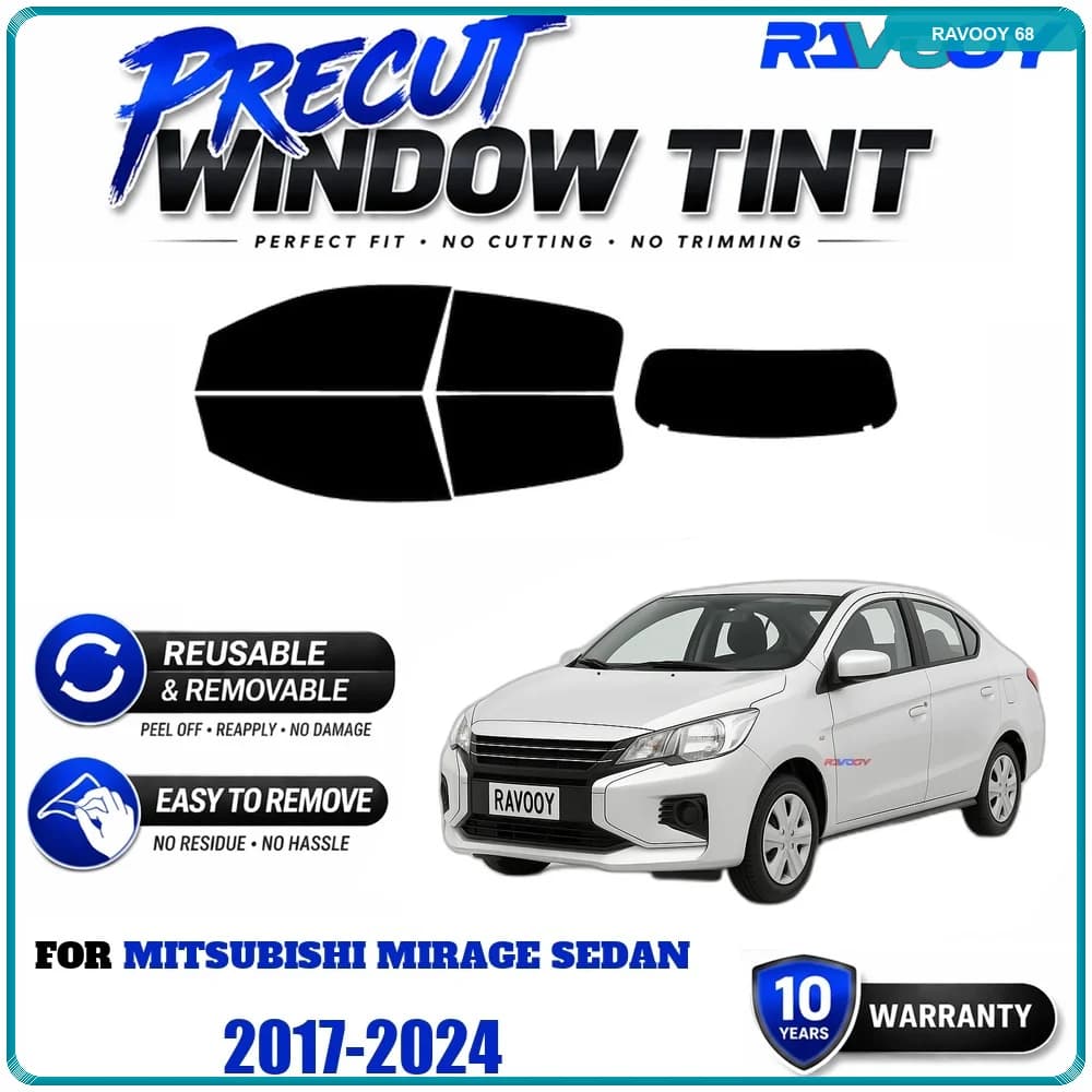 RAVOOY Precut Window Tint, Reusable Removable EPU Film, Custom Fit for Mitsubishi Mirage Sedan 2017-2024, UV Heat Protection