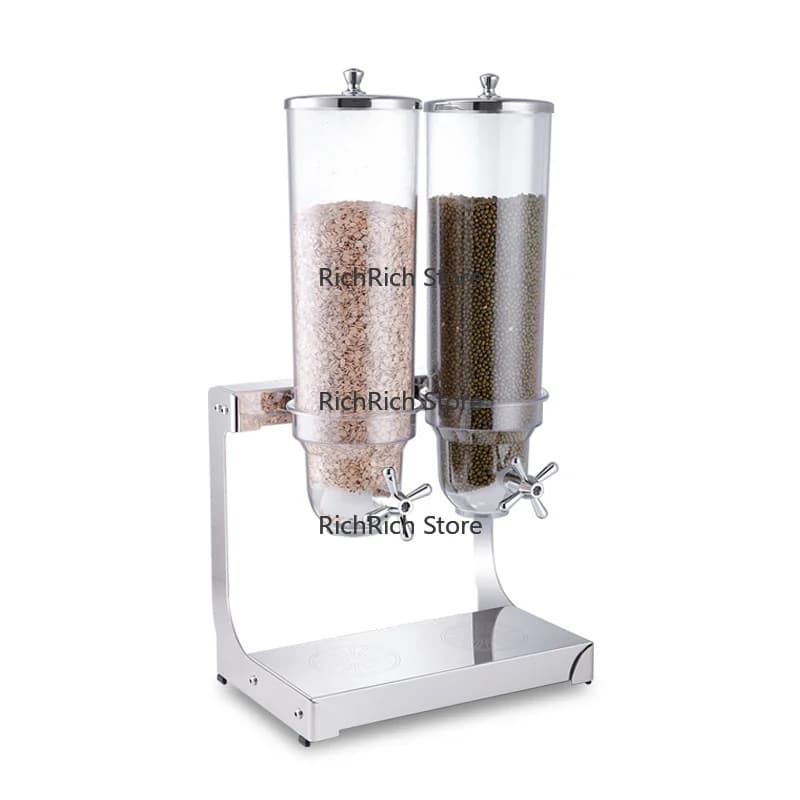 Dispenser moderno di cereali e cereali in acciaio inossidabile per buffet dell'hotel con separatore di frutta secca, finitura lucida montata a parete