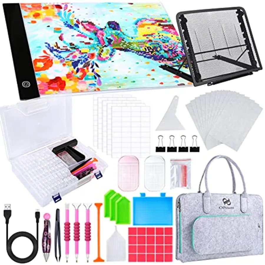 Kit Completo per Diamond Painting con Tavola Luminosa LED A4 da 170 Pezzi, Scatola Portaoggetti per Diamond Art con 80 Griglie e Borsa Organizer
