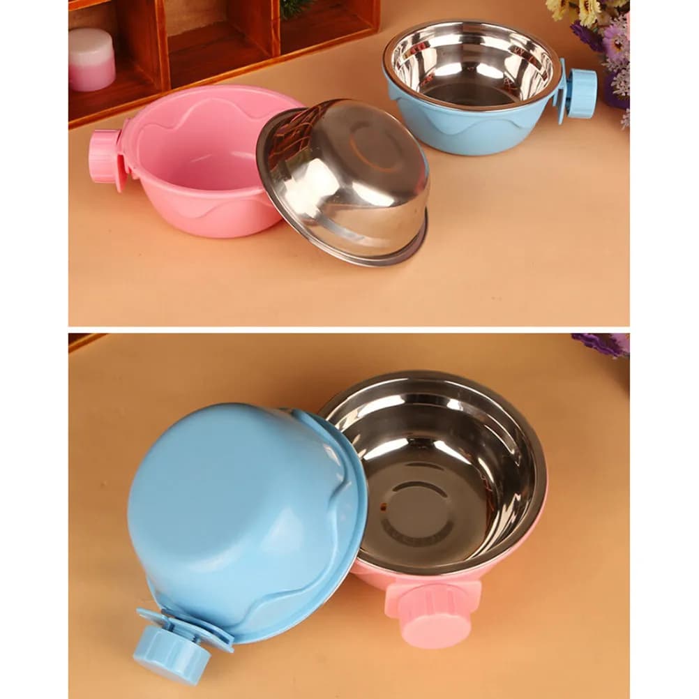 Blue Stainless Steel Hanging Pet Bowl Detachable Two-Layer Stationary Food Water Container for Dog Cat Cage Use