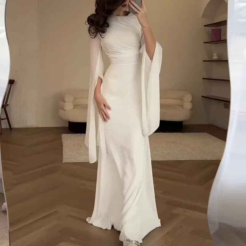 Stylish Long Waist Pleated Bat Sleeves Long Dress Fashion Satin Solid Dress Women's Dress Tempering Or Neckline Slim Evening Dress