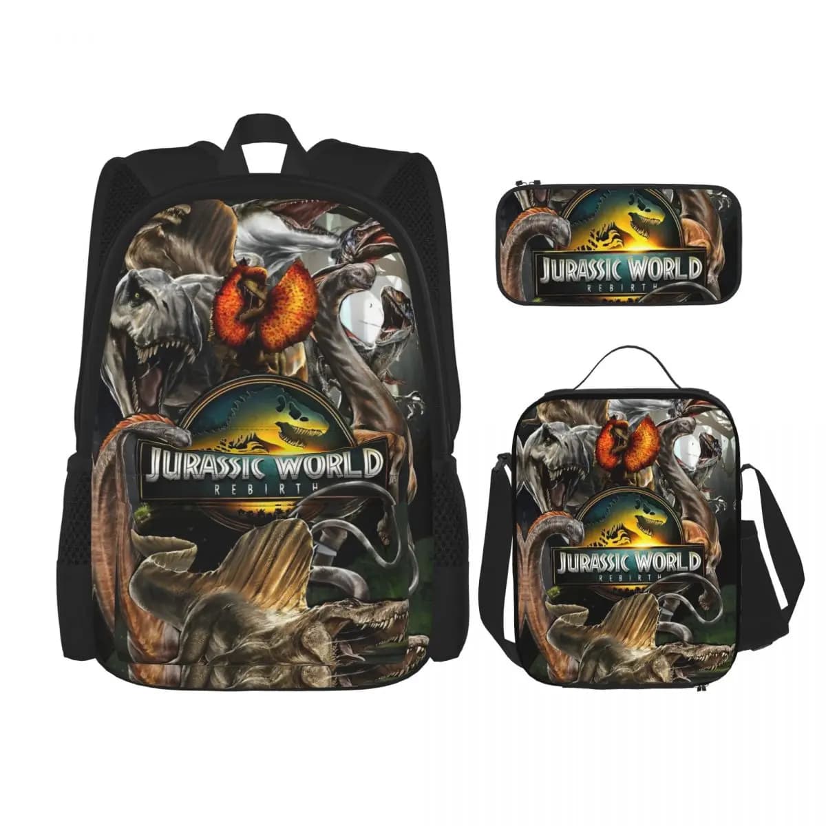 Dinosaur World Jurassic World 3pecs/set Zaino per laptop adolescenti Borse di tela Borsa per il pranzo Astuccio per matite