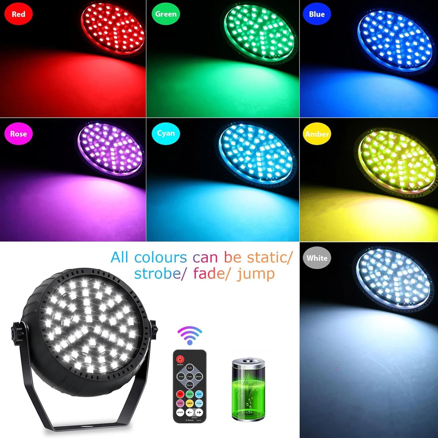 Luci Stroboscopiche Ricaricabili a 54 LED, Alimentate a Batteria, Attivate dal Suono, RGB, per Feste, DJ, Palcoscenici, Balli e Matrimoni