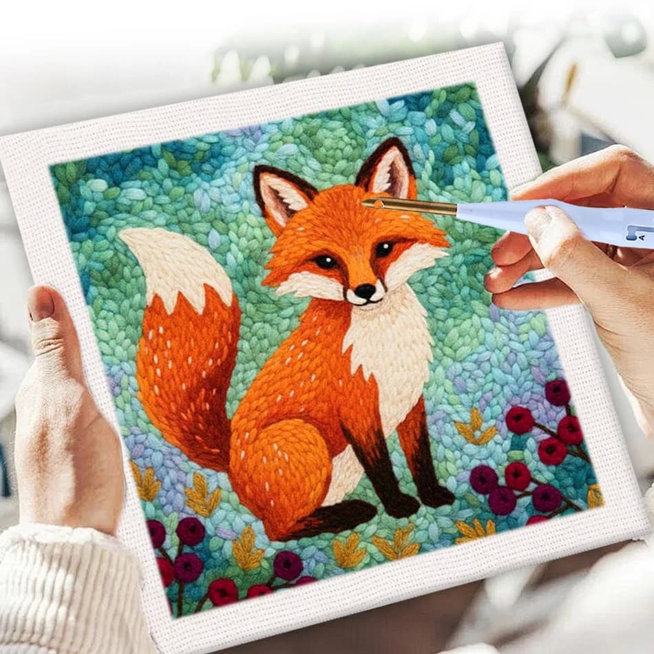 Cute Fox Pattern Punch Needle Embroidery Kit With Frame Animal Rug Hooking Set Fun Crafts For Adults Punch Needle Kit Diy Idea