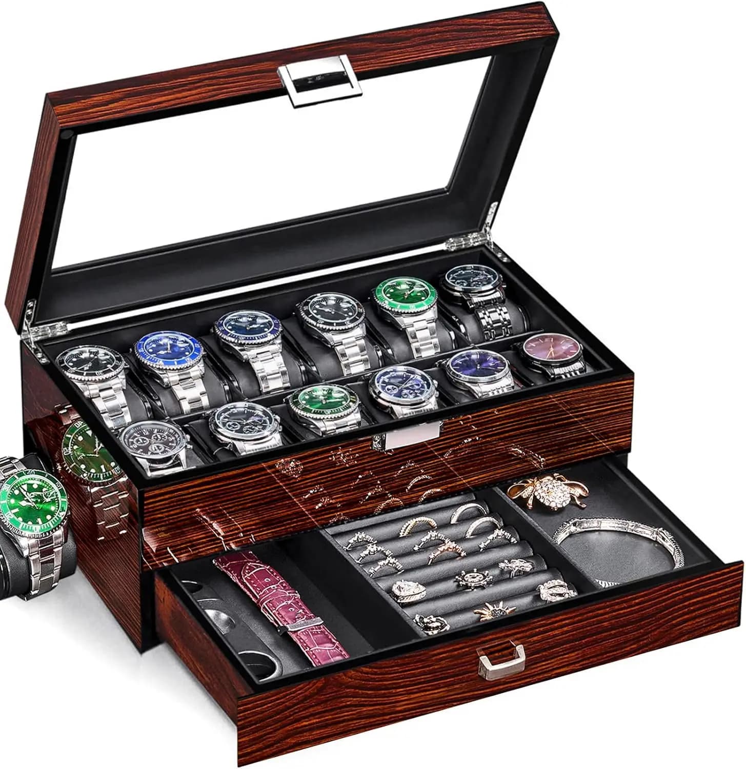 Box Clocks with 12 compartments with Large Glass Cover, Wood Container with 2 Levels for Men, Red Brown
