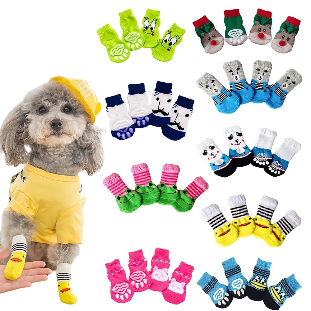 Non-Slip Pet Socks, Pack of 4 - Anti-Scratch Cotton Socks for Dogs and Cats, Suitable for Small Dogs Indoors and Outdoors