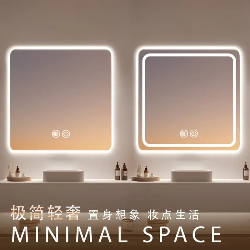 Square Smart LED Bathroom Mirror with Backlit Touch Screen Anti Fog Wall Mounted Vanity Mirror for Washroom Toilet Home Decor