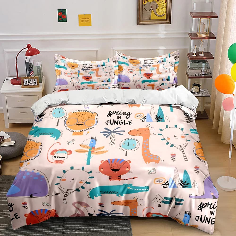 Set di biancheria da letto con stampa di simpatici animali dei cartoni animati nella giungla primaverile, 1 copripiumino, 2 federe per adulti e bambini, regalo di lusso, misura completa