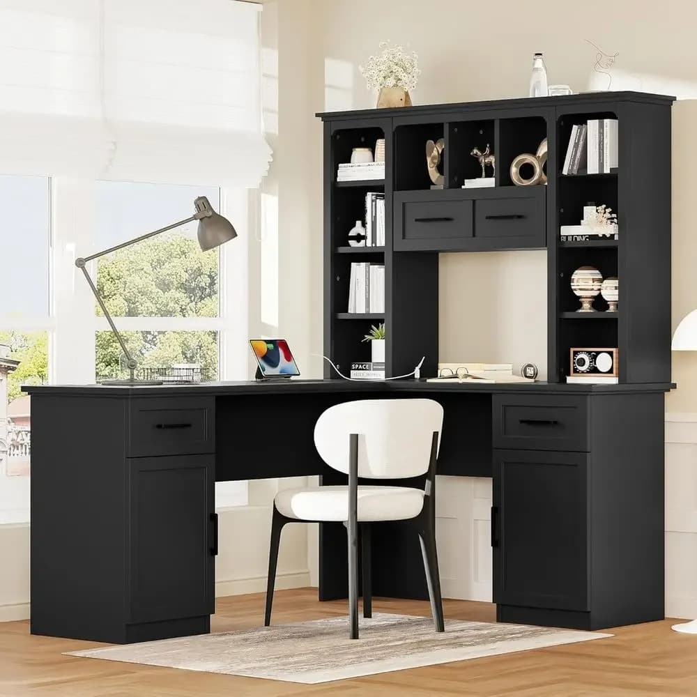 Scrivania a L con Spazio di Archiviazione, Mobiletto e Scaffali Aperti per Casa o Gaming, Adatta per Soggiorno, Nera