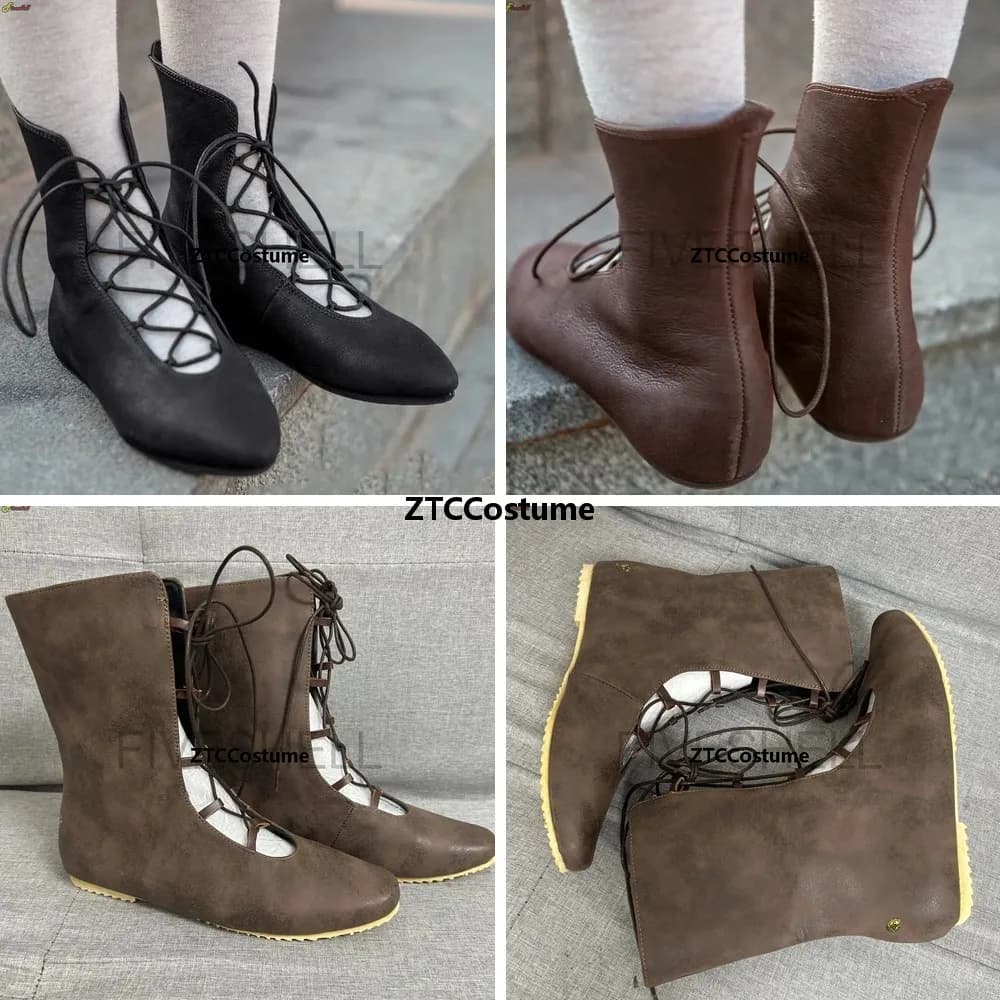 Steampunk Leather Boots Medieval Elf Hunter Cosplay Boots Vintage Cross Lace Up Shoes for Women Men Stage Performance
