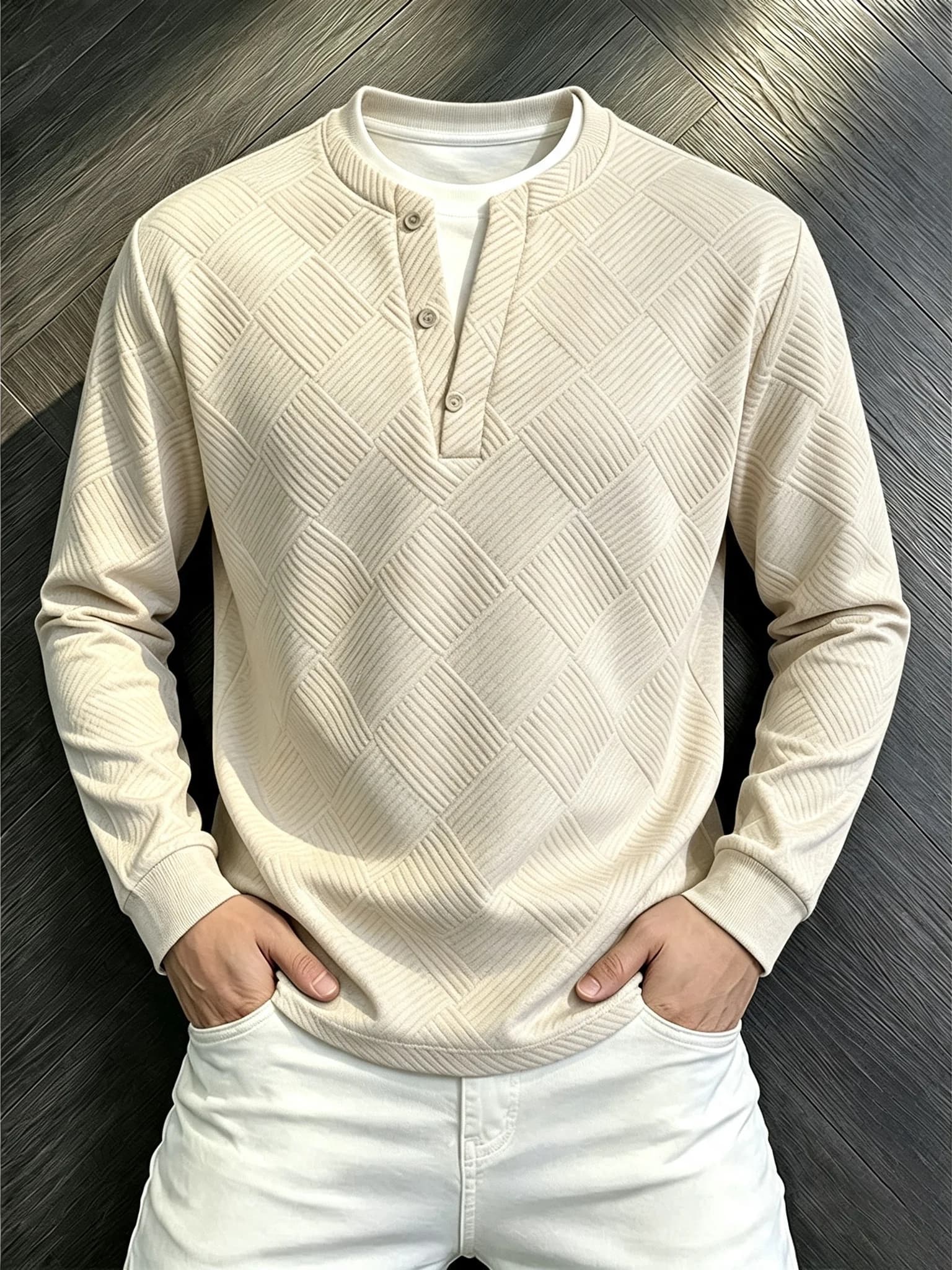 Men's Long Sleeve V-Neck T-Shirt Texture Plaid Fake Two-Piece Base Shirt Inner Wear Autumn Heavy American Style Hoodie Sweats...