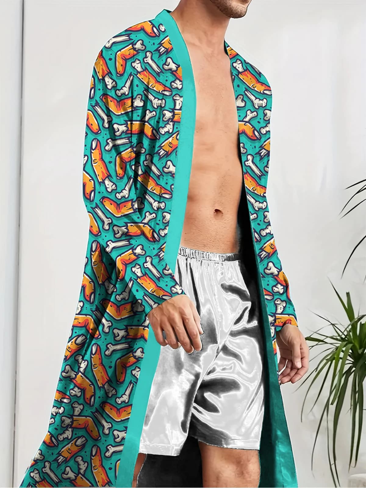 Men's Vestaglie Bathrobe for Home 3D Printed Bone Pattern Wide Night Garments Slim Leather Fast Drying Bathrobe Long Night Shirt