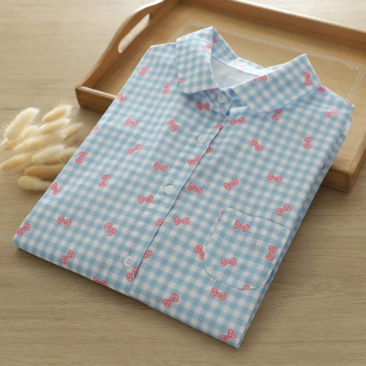 Morigirl camicia a maniche corte stile giapponese donna estate filato di cotone blu plaid fiocco stampa camicie e camicette top abbigliamento femminile