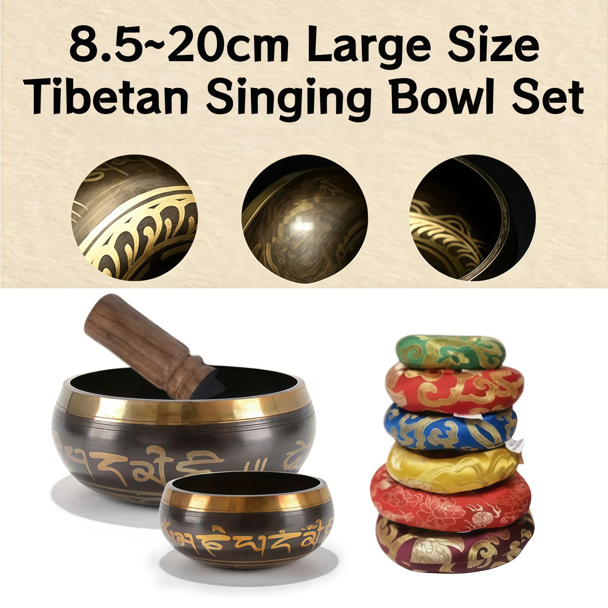 Miwayer Tibetan Scripture Singing Bowl Set Size Optional 8.5~20CM for Meditation Yoga Chakra Healing Relaxation Prayer Gift