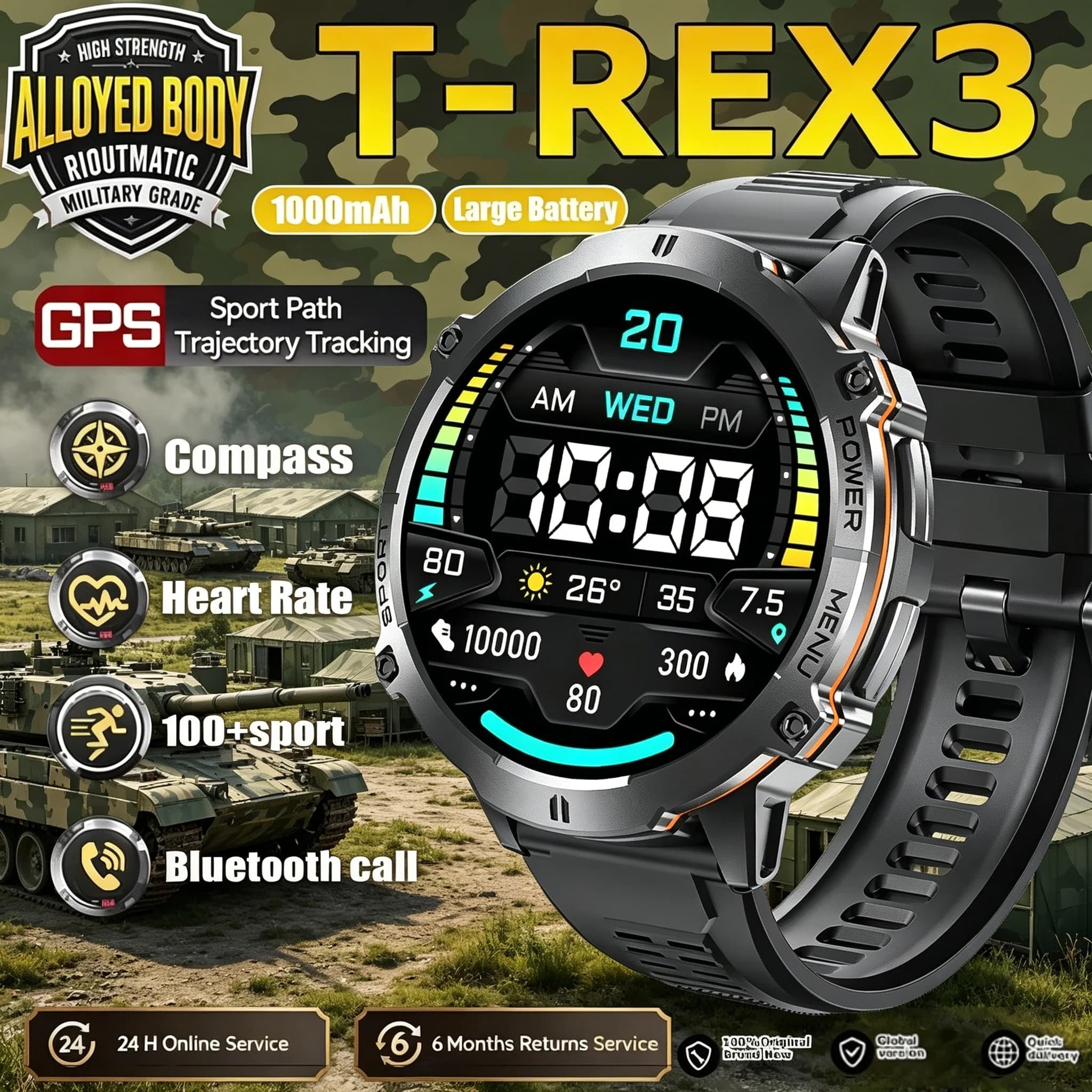 2026 New TANK X3 Pro 1000mAh Big Battery Smart Watch Men IP68 Altimeter Barometer Compass Military Sports HD AMOLED Smartwatch