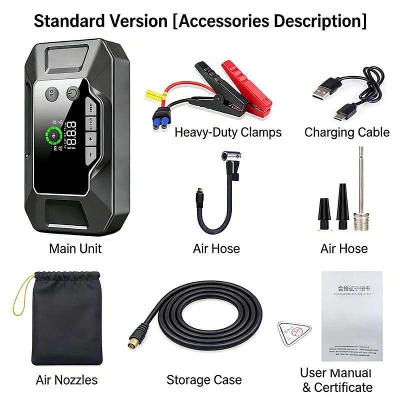 Gonfiatore per pneumatici con morsetto intelligente aggiornato con compressore d'aria 48000mAh Avviatore di emergenza per auto Interfaccia USB Power Bank