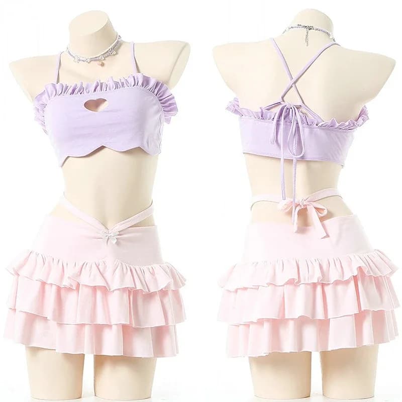 2022 Summer Sweet Girl Anime Cute Love Hollow Swimwear Unifrom Women's Gown Macaron Swimwear Costumes Cosplay