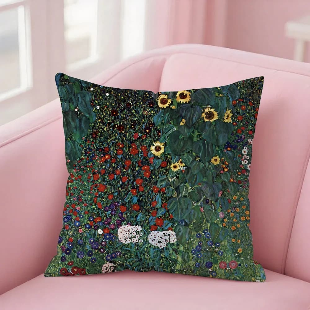 Federa per cuscino Gustav Klimt con fiore verde, stampa fronte-retro, in peluche corto, per divano, letto e comodino