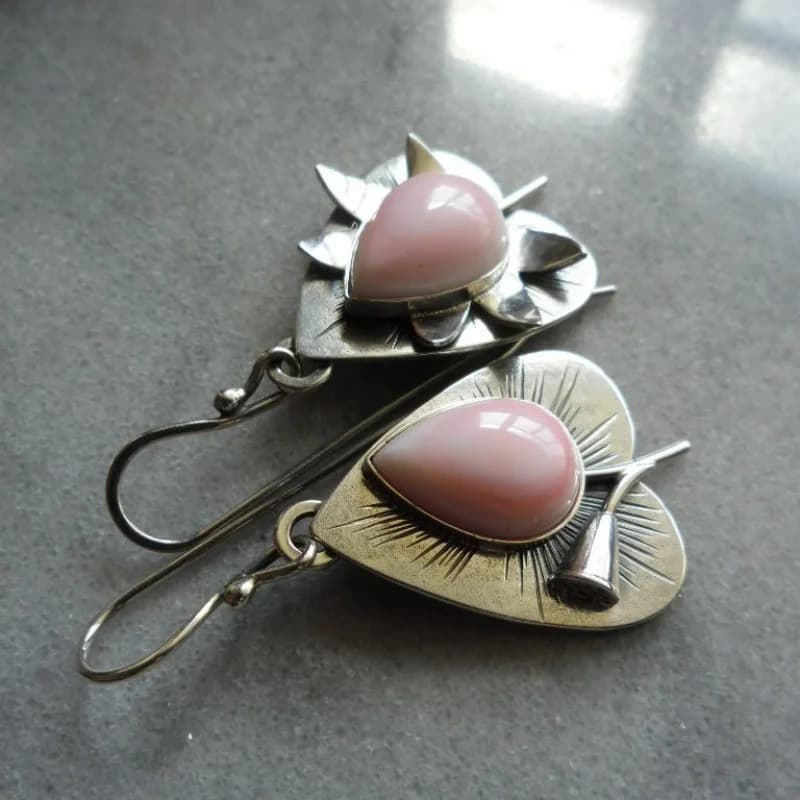 Vintage heart-shaped Carved Pattern Earrings Set With Pink Artificial gemstones, women's Bohemian Style Jewelry
