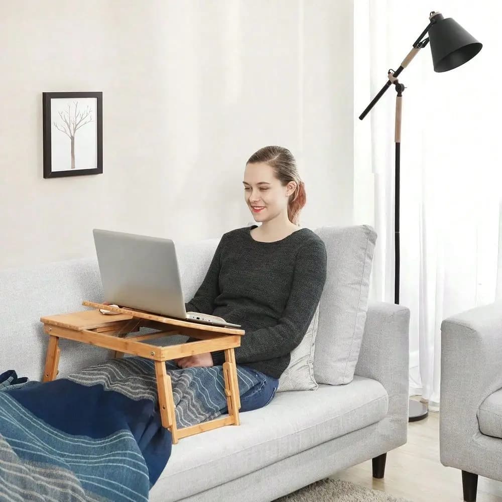 Foldable Laptop Lap Desk With Adjustable Tilt Tabletop Height Legs, Multi Function Bed Tray With Mouse Pad Side Storage Drawer,