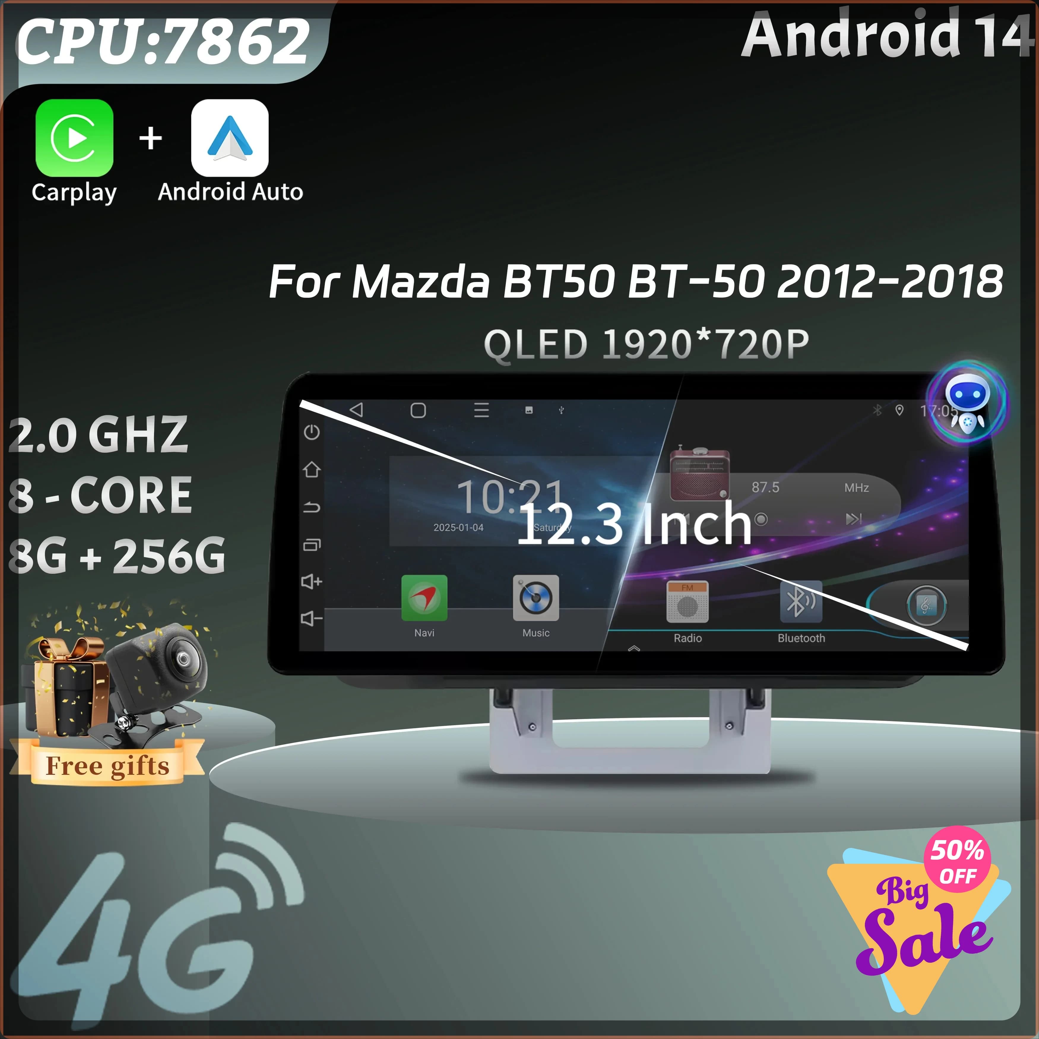 Car Radio panel Multimedia 4G GPS BT Android 14 Navigation Car Stereos 12.3″ Screen Stereo For Mazda BT50 BT-50 2012-2018