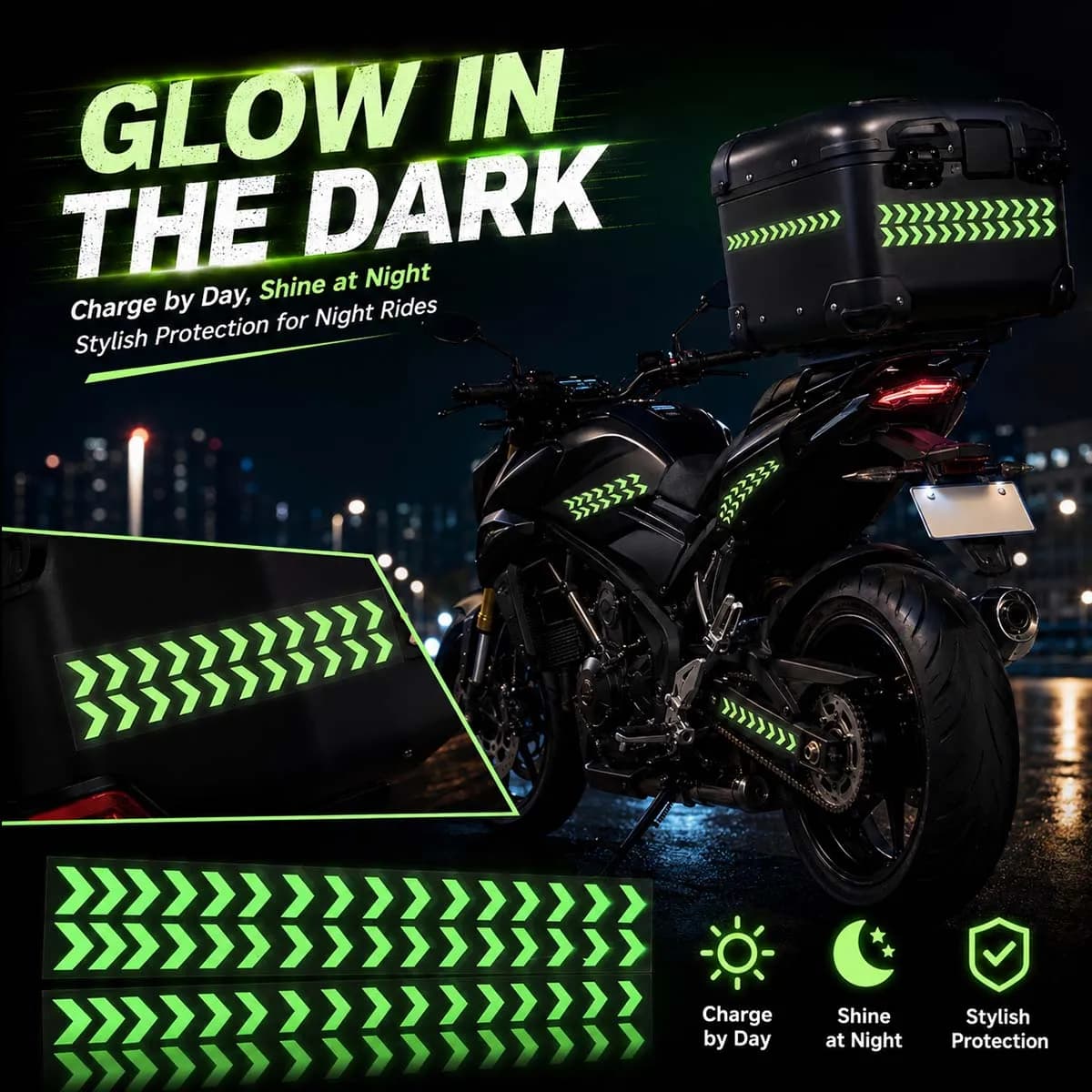 Glow In The Dark Arrow Strip Motorcycle Stickers Moto Bike Scooter Helmet Refl Warning Luminous Decor Vinyl Accessories Decals