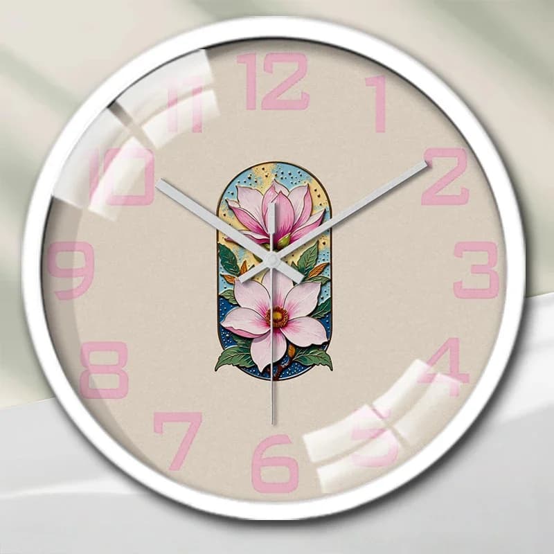 Orologio da parete silenzioso rotondo con disegno artistico di magnolia, adatto per soggiorno, scuola, studio, camera da letto, regali per bambini.