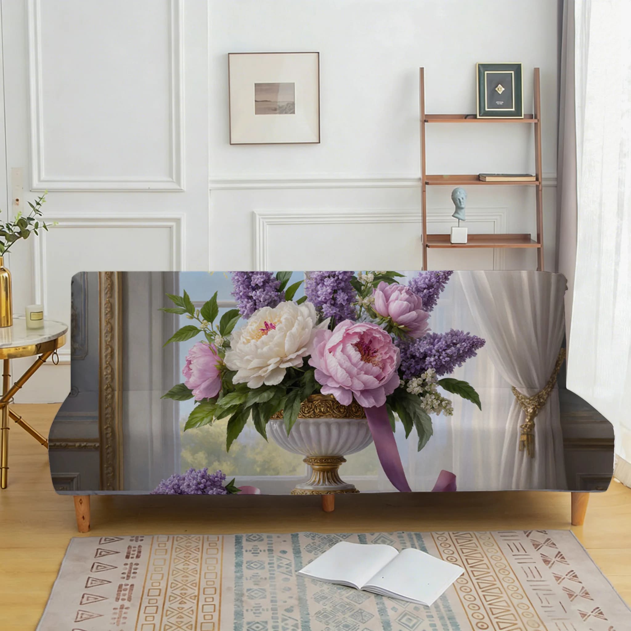 European lilac flower color armless sofa cover, bed cover, non-slip and scratch-proof furniture protective cover