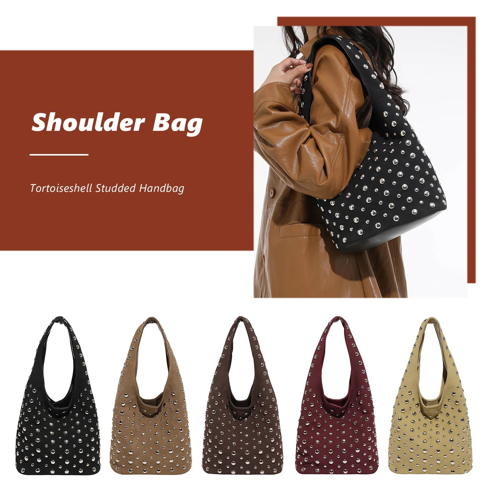 Borsa Hobo Elegante con Borchie Y2K, Borsa a Secchiello con Rivetti, Borsa a Spalla Trendy, Borsa a Mano per Donna, Viaggio e Lavoro