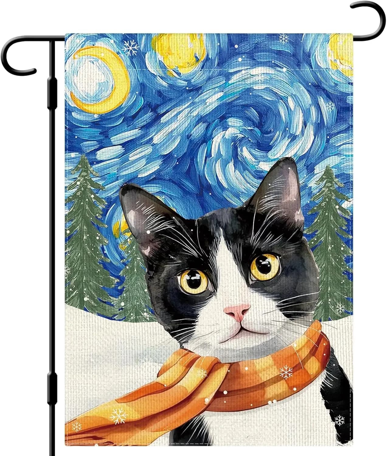 DLZDN Bandiera da Giardino Invernale con Gatto, Bandiera per Albero con Gatto Smoking Notte Stellata, 12x18 Pollici, Doppia Faccia, in Tela Grezza, Stile Rustico, per Giardino, con DDI