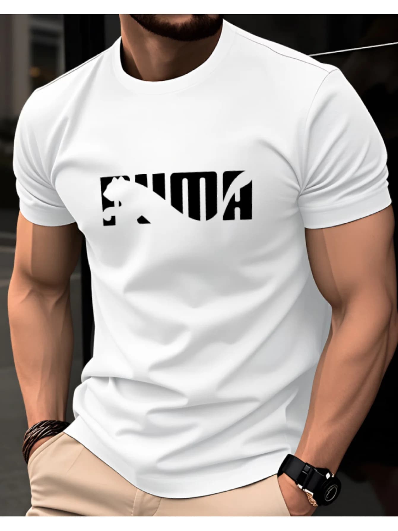 Men's White Crew Neck Short Sleeve T-Shirt with Abstract Letter Print, Casual Slim Fit Daily Wear Tee