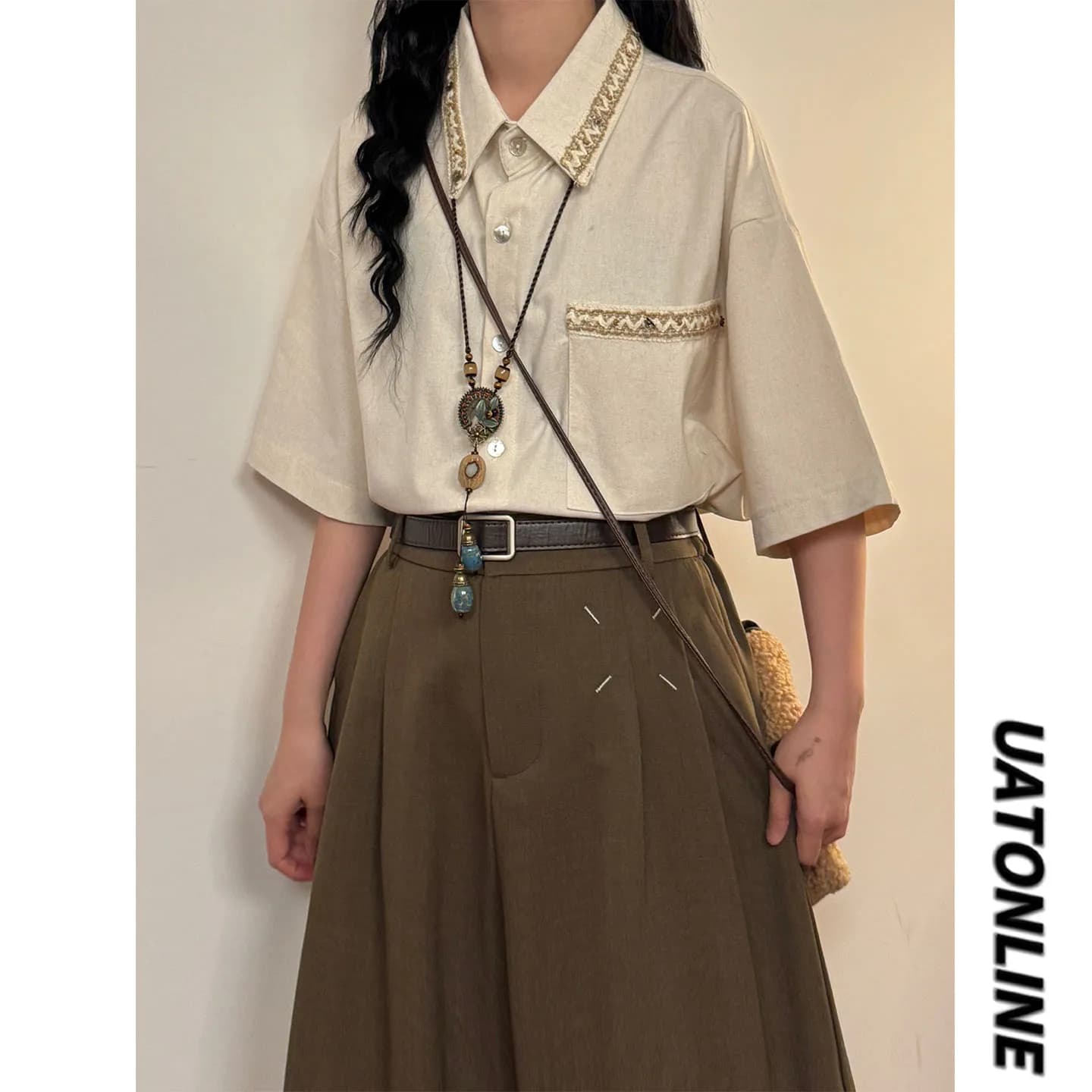 UATONLINE2026 Summer American Retro Ethnic Style Woven Belt Design Loose Casual Short Sleeve Shirt Neutral Loose Fit Short Sl...