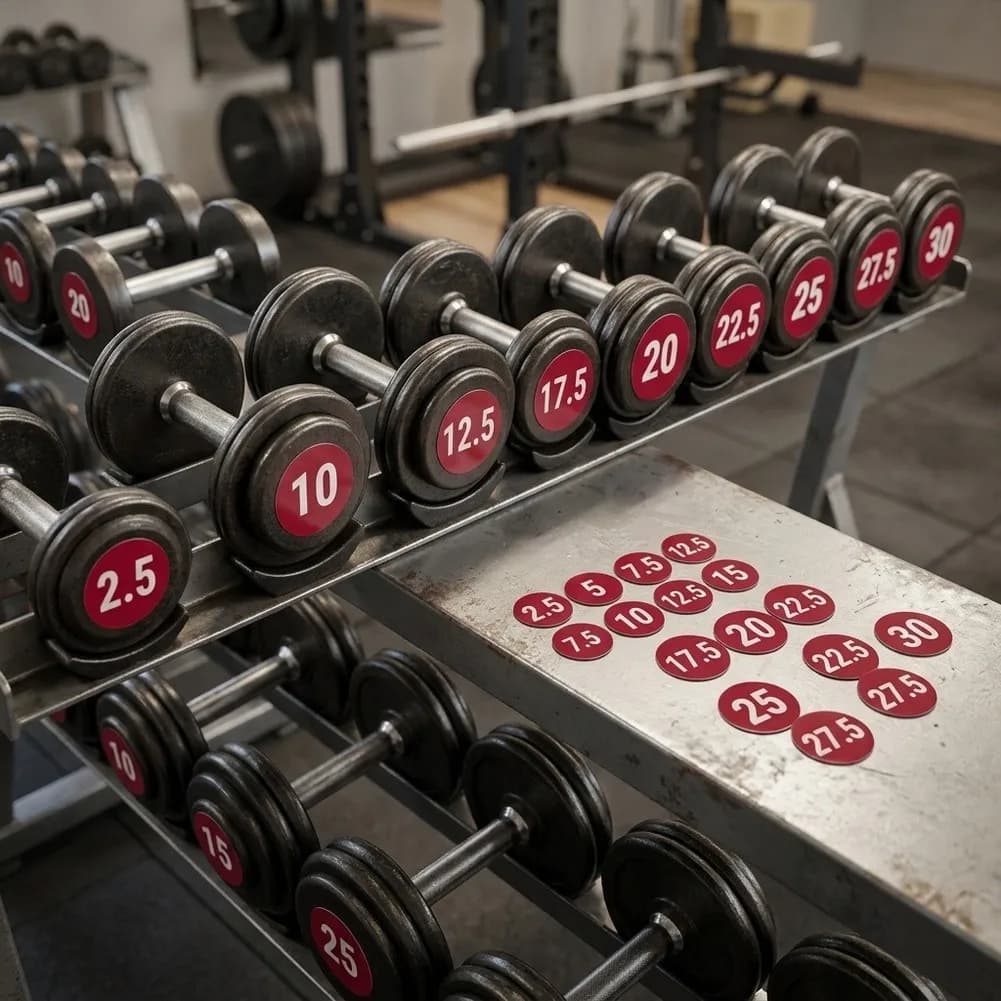Dumbbell Weight Rack Labels for Acrylic Surfaces 24pcs 3cm Diameter 0.2cm Thick Red Black Yellow Waterproof Stickers 5kg to 30kg