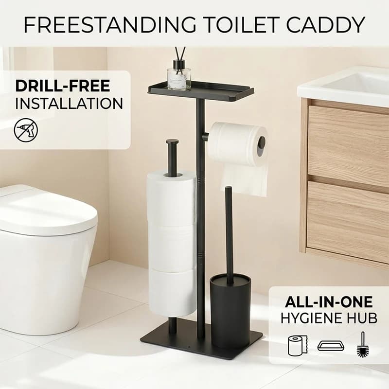 Portarotolo da terra con porta scopino e mensola portaoggetti 3 in 1, senza foratura, in acciaio inossidabile antiruggine, organizer da bagno