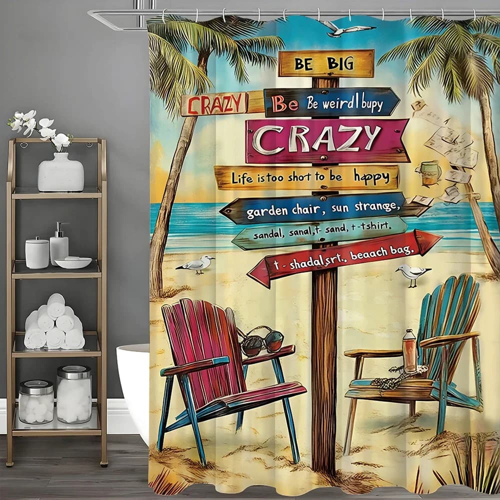 Tenda da doccia con albero di cocco per sedia da spiaggia con segnaletica dell'oceano dei cartoni animati, tenda da doccia decorativa per il bagno, tenda da doccia impermeabile con spirito