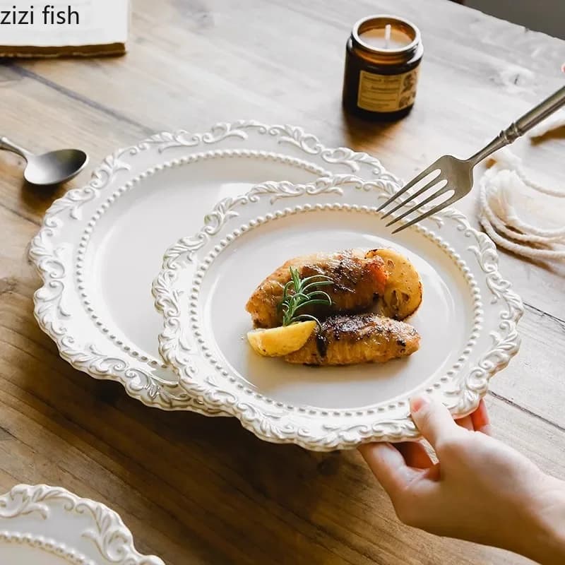 Stoviglie in ceramica a rilievo vintage Ristorante Piatto da bistecca creativo Piatto da dessert Piatto da sushi Piatto da zuppa Snack Ciotola Tazza Set di stoviglie