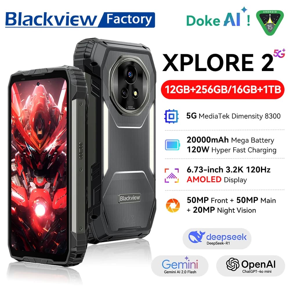 2025 Blackview XPLORE 2 5G Telefono robusto Display AMOLED 3.2K da 6,73" Smartphone Android 15 NFC 20000mAh Telefono portatile