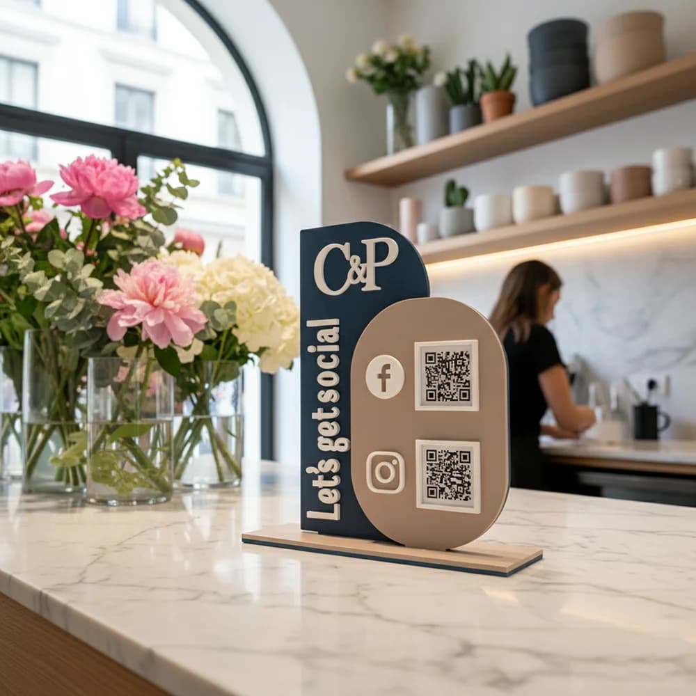 Espositore da tavolo in acrilico personalizzabile con codice QR, adatto per commercianti di social media aziendale e collezionisti di revisione di Google