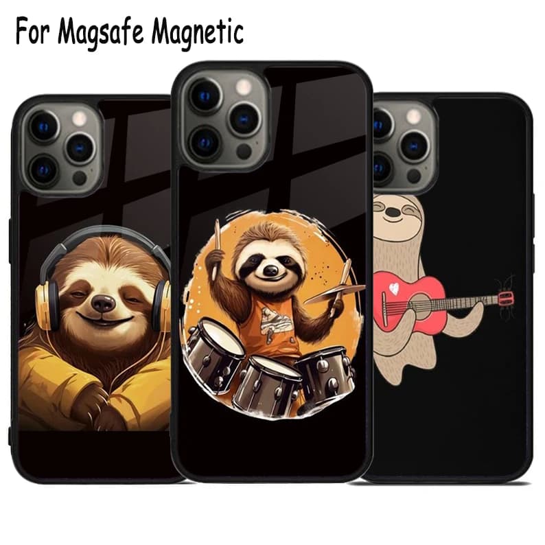Custodia per telefono con ricarica wireless Sloth Music per iPhone 17 Air 15 16 16e 14 13 11 12 Pro Max Plus, cover magnetica Magsafe con paraurti