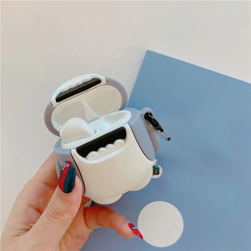 Custodia per cuffie in silicone con motivo a squalo, protettiva, portatile e leggera, per auricolari wireless con moschettone