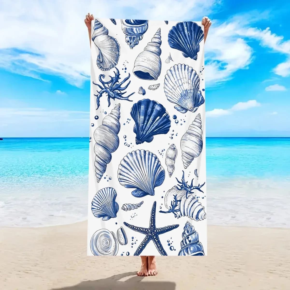Telo Mare Grande a Tema Conchiglie e Stelle Marine, Asciugatura Rapida, Anti-Sabbia, per Piscina e Viaggi, Coperta Estiva, Regalo per le Vacanze