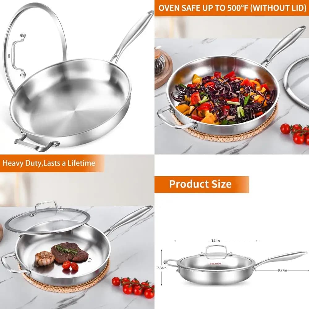 14 inch resistant stainless steel pan with lid, compatible with induction, suitable for gas and electric hob, large cooking