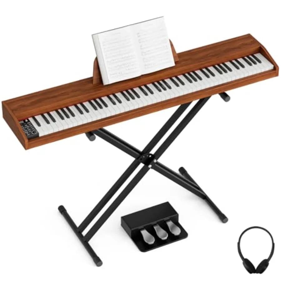 UMOMO U-723 Pianoforte Digitale a 88 Tasti con Supporto X per Pianoforte, Pianoforte Elettrico a Grandezza Naturale Marrone per Principianti e Adulti con Cuffie