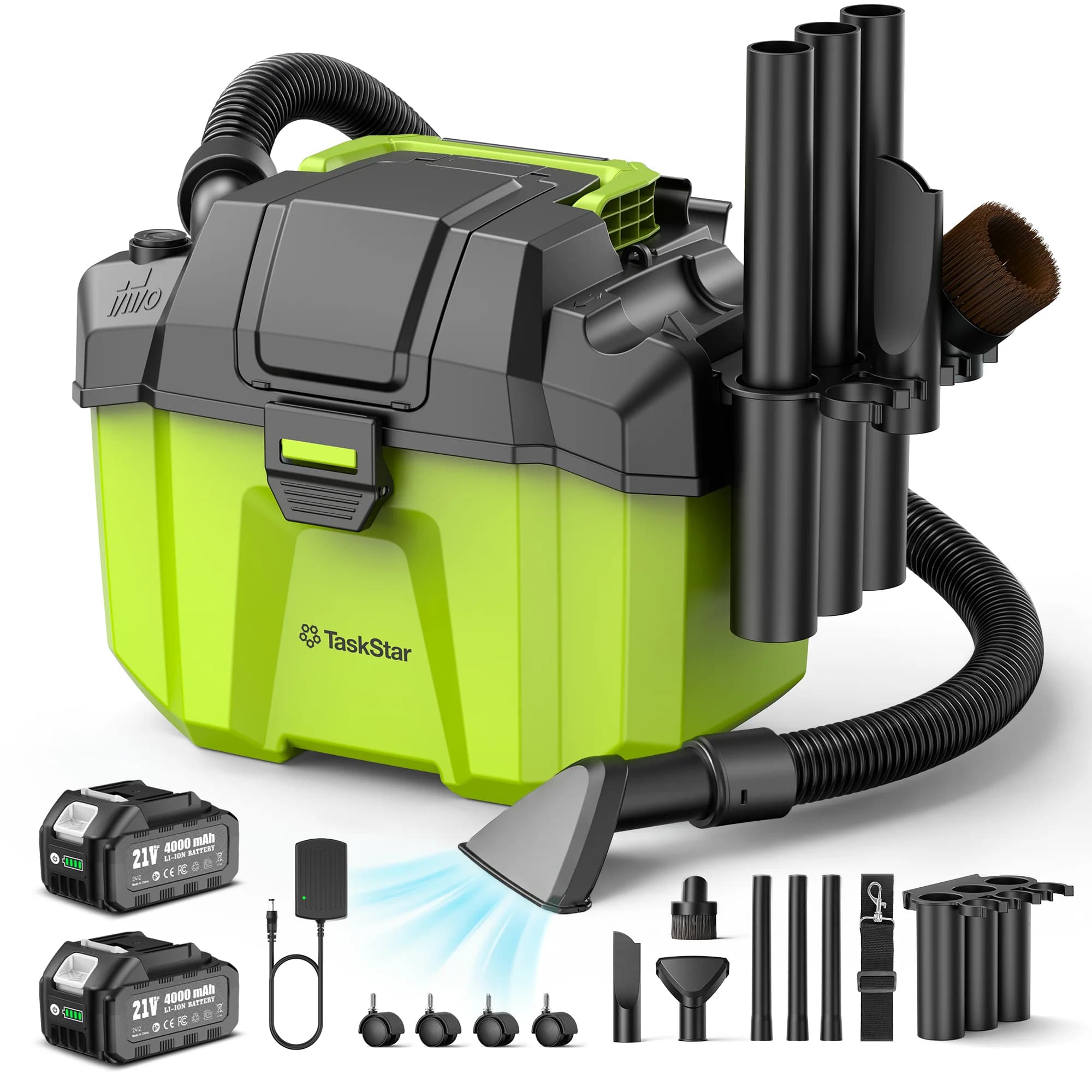 Aspirapolvere Senza Fili Taskstar K-903 per Uso Domestico, 2.6 Galloni, Aspiratore Solidi e Liquidi, Set VAC Senza Spazzole con 4 Ruote, Vano Porta Accessori, 2 Batterie da 4.0Ah per Makita