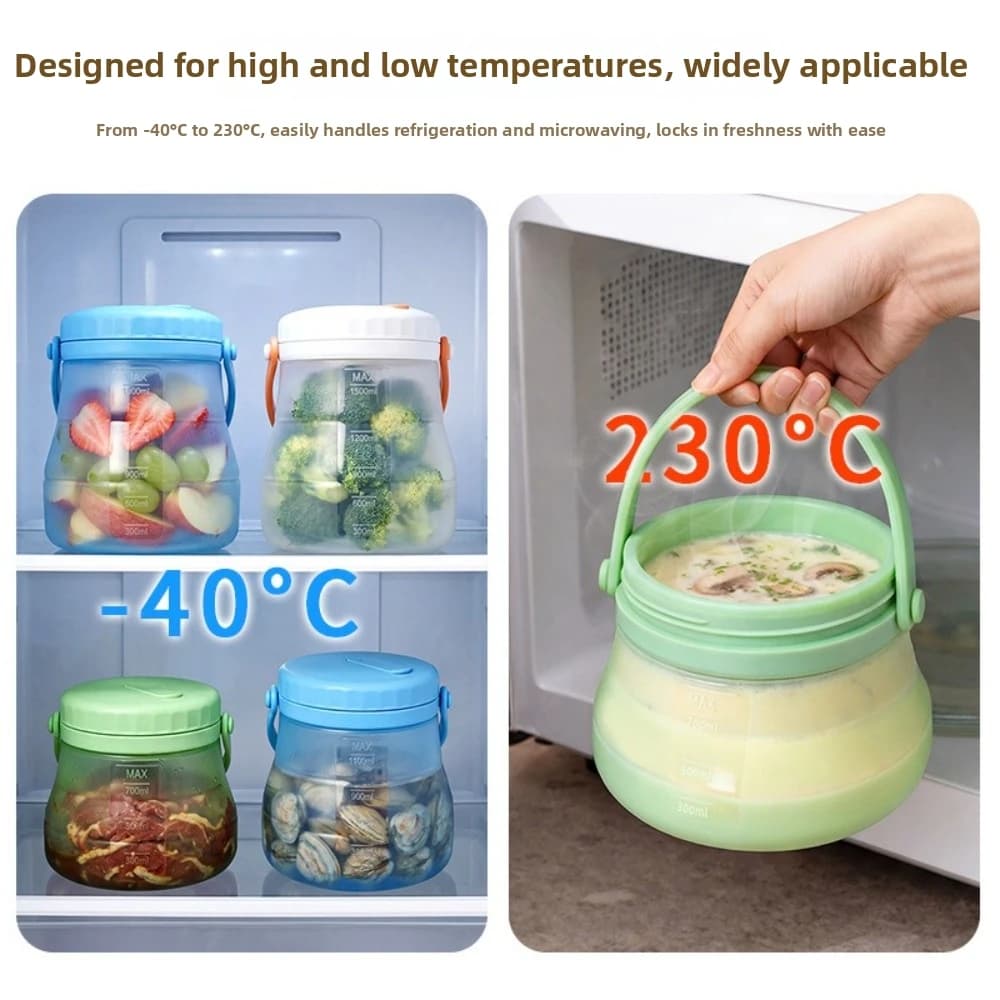 Contenitore per Alimenti in Silicone con Manico, Resistente al Calore, con Scala Graduata, Anti-Perdita, da 800/1200/1500ml, per Mantenere la Freschezza