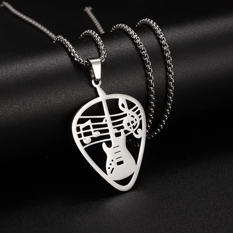 Collana con Ciondolo a Forma di Plettro per Chitarra in Acciaio Inox, Design Traforato, Adatta per Uomini e Donne, Gioielli Rock Punk per Amanti della Musica