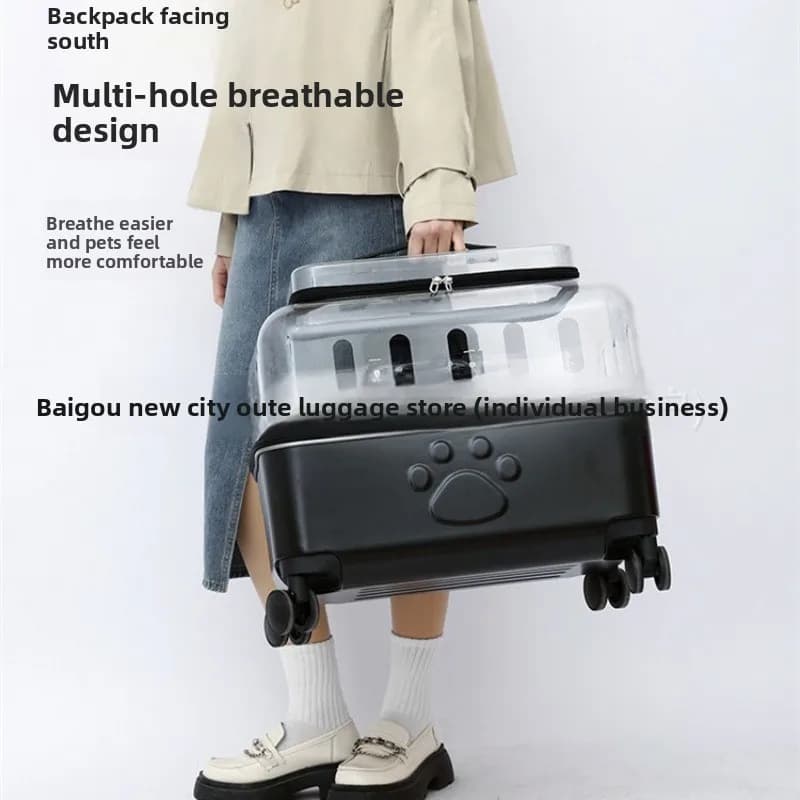 Rolling Transparent Pet Carrier, Telescopic Handle & Wheels, Breathable Travel Crate for Cats & Dogs, Portable Luggage Bag