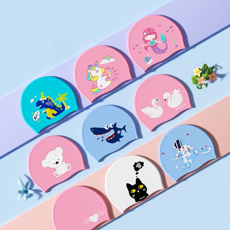 Kids Swimming Headphones Silicone Swimming Heads with Waterproof Ear Protection for Boys Girls Pool Accessories with Printed Cartoon Swim Head