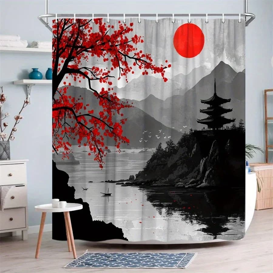 Tenda da doccia con paesaggio giapponese vibrante da 1 pezzo: albero di fiori di ciliegio rosso, design pagoda e tramonto, tessuto in poliestere, macchina Washa