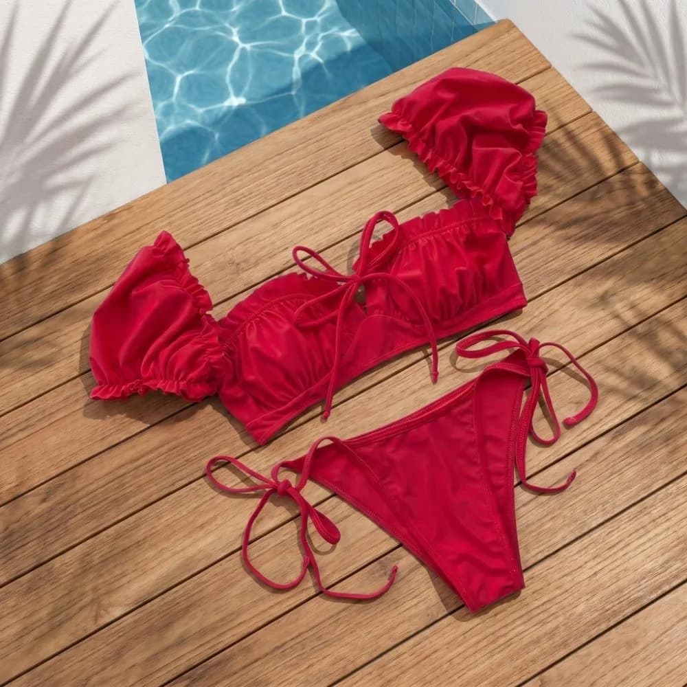 3Pcs Ruffle Three Pieces Bikini Suit Split Swimsuit with Flower Hair Clip Swimwear Set Y2k Slim Fit Beachwear Clothing